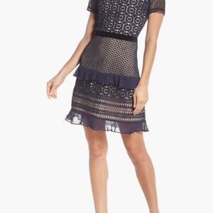 Chelsea28 Velveteen Belt Lace Blue Sheath Mini Dress